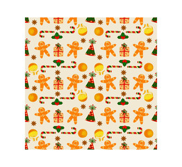 Seamless repeating pattern, gifts, candies, tangerines, gingerbread, delicate background, cheerful colorful drawing