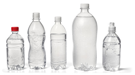  Set of Different Plastic Water Bottles Isolated on Transparent. Hydration, Beverage, Plastic Packaging Concept. PNG