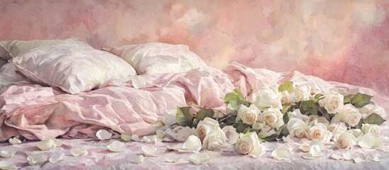 Pink watercolor vintage scene featuring soft white roses and scattered rose petals on a beautifully arranged bed perfect for a romantic occasion