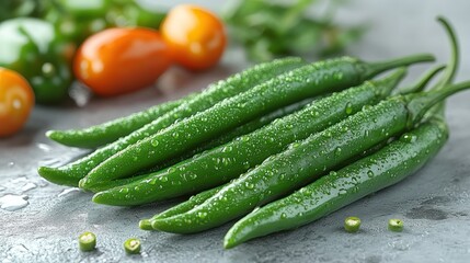 Fresh green chili peppers with water droplets on a gray surface.
