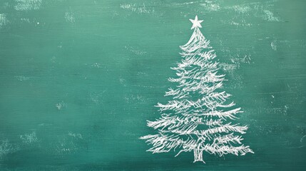 White crayon doodle of a small Christmas tree on a green background