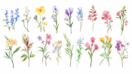 Watercolor floral english alphabet set with wild flowers from a to z. Botanical. Illustration