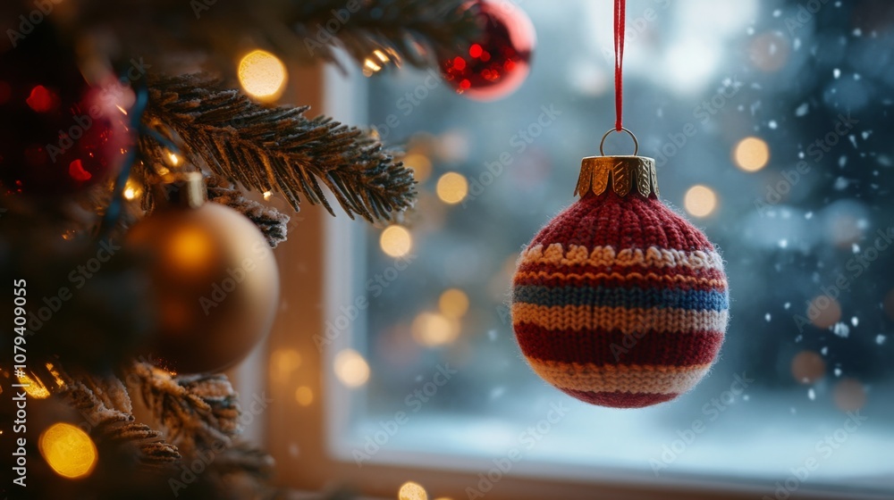 Poster a red and white striped knitted ornament hangs from a christmas tree branch in front of a window. th