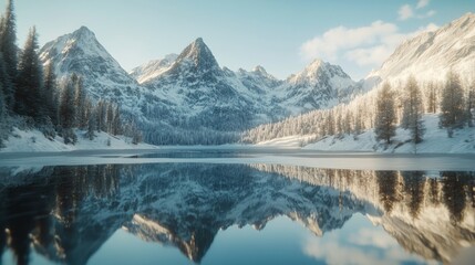 Snow-capped peaks mirrored in a tranquil alpine lake under a clear, bright sky, capturing the serene beauty of untouched nature.