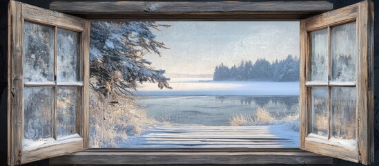 Open old wooden window showcasing a winter landscape and rustic deck perfect for seasonal decor and home design ideas