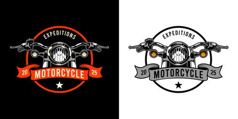 The vintage-style logo for "Biker Club" features a front view of a motorcycle with handlebars, headlight and orange signal lights. Suitable for a brand focused on motorcycle expeditions or touring. © Angon_Graphic