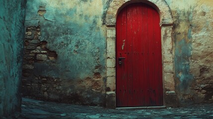 A vivid red door set in an ancient stone wall brightens a rustic alleyway, hinting at mysteries and stories within.