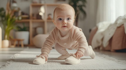 Fototapeta premium Baby's first steps in cozy knitwear - heartwarming family moments