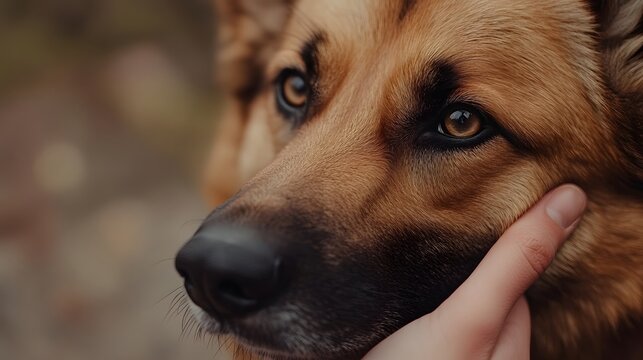Close-up of a person gently petting a brown dog outdoors in nature