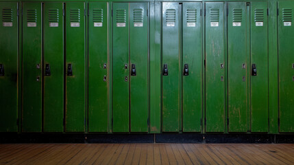 Rustic green lockers in a vintage school hallway on a quiet afternoon