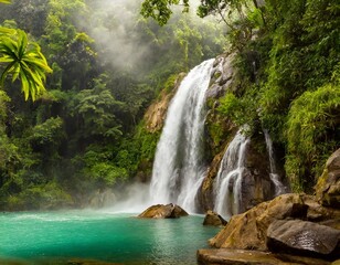 Tropical Waterfall Cascading Over Jagged Rocks Into a Crystal Clear Pool, Surrounded by Lush Green Jungle Foliage and Mist Rising Into the Warm Humid Air