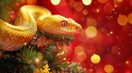 Fototapeta premium Golden Serpent Adorns Christmas Tree Festive Cheer with a Reptile Flair on Red Bokeh Background