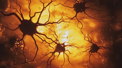 Neurons branch out like a luminous web in an amber glow, symbolizing complex neural connections and the beauty of brain function.