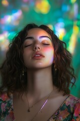 A woman with eyes closed and a colorful background