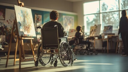 A person in a wheelchair attentively paints in a sunlit studio, surrounded by others, capturing resilience, creative expression, and inclusion.