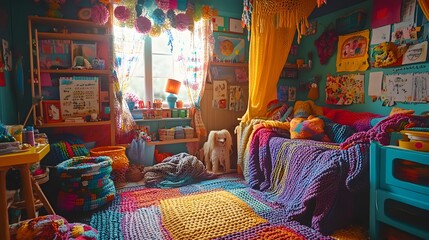 A colorful and playful knitting corner with various types of yarn, knitting needles, and pattern books, where someone is making a cozy blanket in a creative, relaxed environment.