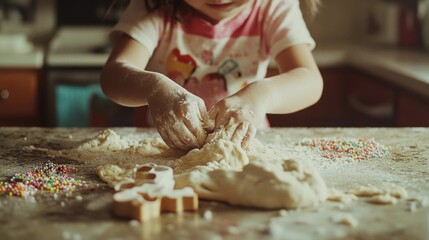 A child joyfully kneads dough, surrounded by colorful sprinkles, capturing the simple joy and playful mess of baking in the kitchen.