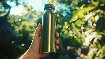 Hand Holding a Reusable Thermo Water Bottle with Nature Background