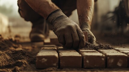 Work-worn hands craft a brick pathway, symbolizing dedication, craftsmanship, and a connection to the earth amid rich tones of dirt and clay.