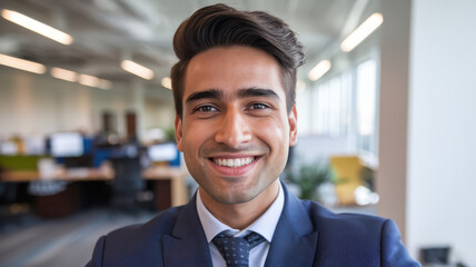 A young South Asian man smiling confidently in a professional office environment, wearing a dark suit and a light blue tie, exuding positivity and professionalism.