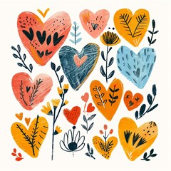 Colorful hearts illustration with leaves and patterns on a light background. Concept of love, kindness, mutual assistance and sacrifice