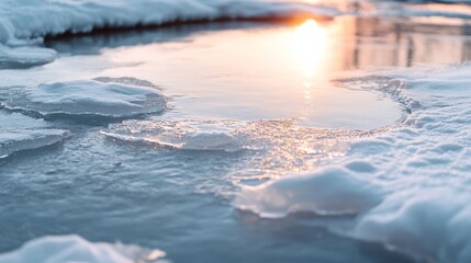 A winter sunrise glimmers on ice and snow, creating a dazzling and serene landscape of cold beauty and stillness.