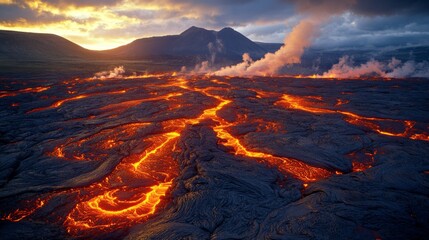 Molten lava flows with fiery intensity across a volcanic landscape, crowned by steam and distant mountains under a dramatic sky.