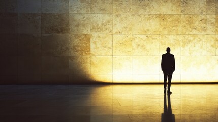 Obraz premium A lone figure stands against a massive gold-hued wall, reflecting an aura of introspection and solitude in an otherwise silent setting.