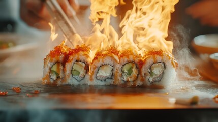 Fiery sushi rolls sizzle on the grill, where culinary art meets vibrant flavors and spectacular showmanship in a burst of flames.