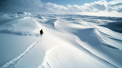 A lone figure traverses a vast, snowy desert beneath a sky streaked with clouds, epitomizing solitude and adventure in an endless white expanse.