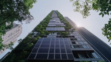 A modern skyscraper ascends into the sky, beautifully interwoven with lush greenery, reflecting a harmonious blend of architecture and nature.
