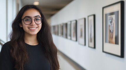 A radiant young woman smiles confidently in a bright hallway adorned with art pieces, exuding energy and warmth, and inviting curiosity for creative expression.