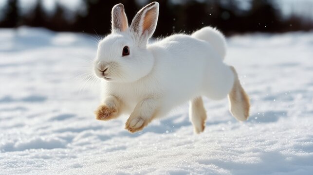 A lively, white rabbit joyfully leaps through pristine snow, capturing a moment of pure winter joy and playful energy against a backdrop of dark trees.