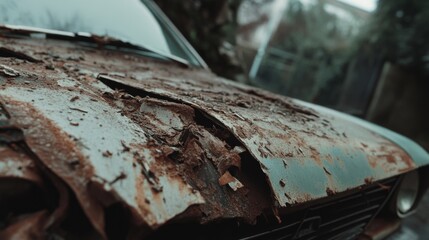 The rusty hood of an old car, showing layers of decayed metal, evokes a sense of nostalgia amid its rain-washed, rugged surface.