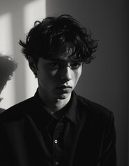 Obraz premium Black and White Portrait of Stylish Young Man with Dramatic Lighting