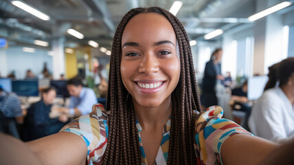 Smiling young Black woman with braided hair takes a selfie in a vibrant office environment filled with coworkers.