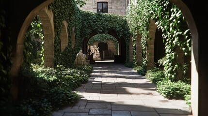 Sun-dappled stone corridor adorned with lush climbing vines, leading to a mysterious, shadowed courtyard full of ancient sculptures.