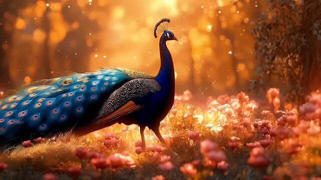 a stunning peacock walking among the flower plants