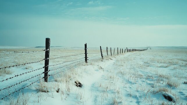 An endless barbed wire fence stretches across a frozen, wintry landscape, symbolizing resilience amidst cold isolation.