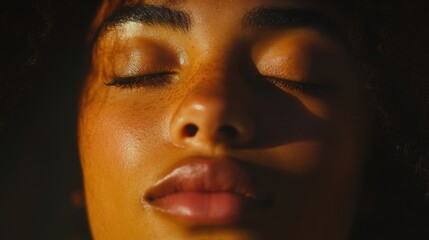 Close-up of a peaceful face in deep relaxation, eyes gently closed with a serene expression, soft ambient lighting casting highlights and shadows, neutral blurred background to emphasize calmness.