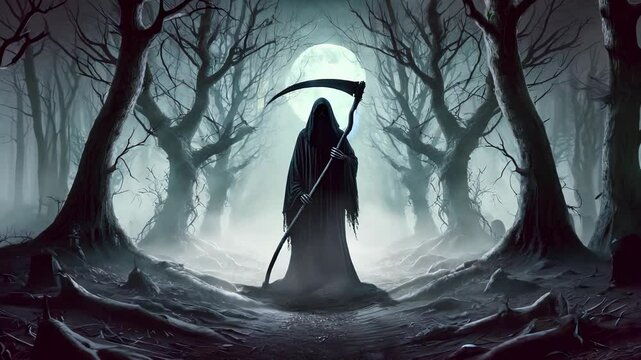 The Grim Reaper walking forward through a dark forest
