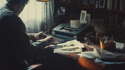 A person types at a cluttered desk surrounded by photographs, invoking a sense of history and the telling of stories through writing.