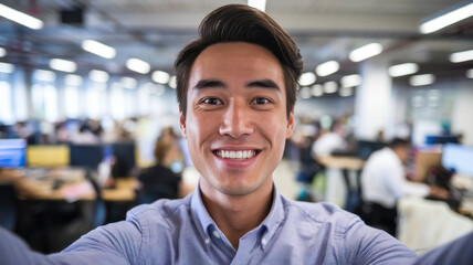Obraz premium A young Asian male professional proudly takes a selfie in a vibrant open-plan office filled with coworkers. The atmosphere is energetic and collaborative.