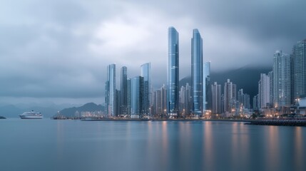 Fototapeta premium Sleek skyscrapers pierce a misty city skyline, reflecting in still waters, capturing modern urban elegance under a moody, gray sky.