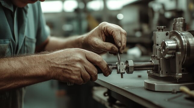 A craftsman precisely adjusts machinery within a workshop, hands steady, showcasing the skill and detail of mechanical work.