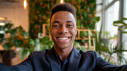 Fototapeta premium A smiling Black male in a suit takes a selfie amid vibrant green plants in a stylish indoor setting.