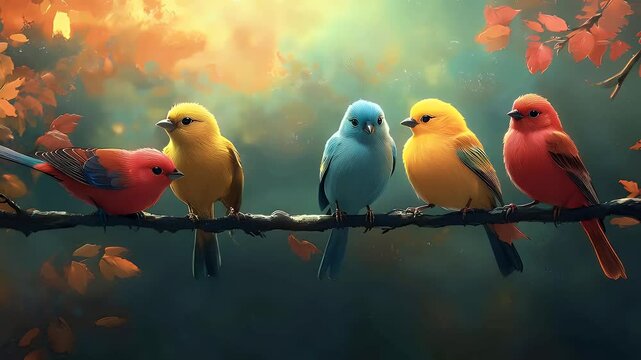 adorable colorful birds perched on tree branches