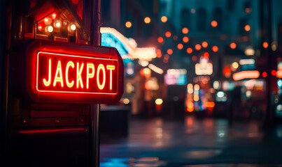 A bright neon sign reading Jackpot shines in a bustling nightlife area filled with colorful lights
