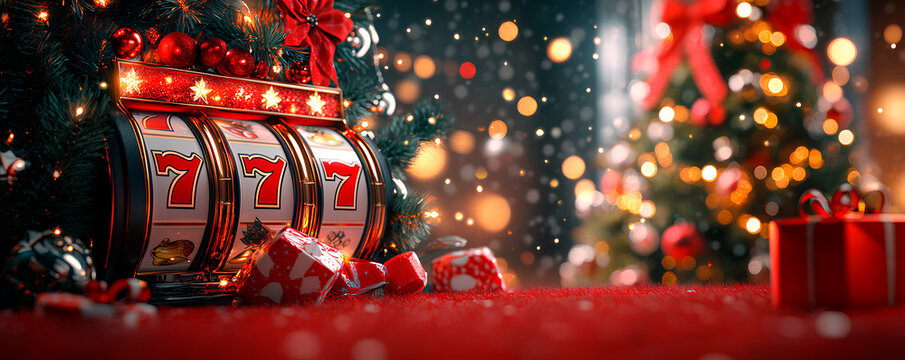 The vibrant slot machine with holiday elements is displayed amidst Christmas decorations and gifts - Powered by Adobe