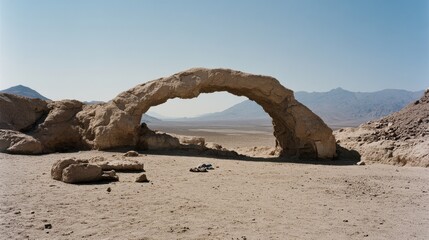 A striking natural rock arch rises from the desert floor under a vast sky, invoking timelessness and solitude in the barren landscape.